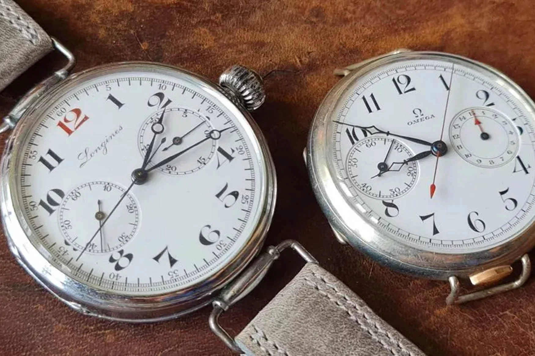 Пара хронографов Longines и Omega примерно в 1915 году, доставленных в Российскую империю